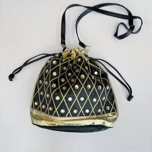 Genuine Leather Vintage 80s Metallic Gold Rhinestone Crossbody Purse  Bag